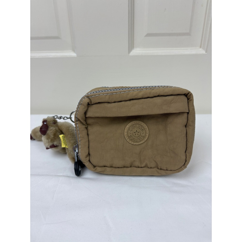 Kipling Creativity Small Pouch Tan Khaki Nylon Makeup Bag Monkey Keychain Ashley
